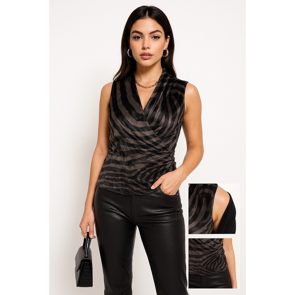Runway Faux Fur Sleeveless‎ Top Womens Size Medium Animal Print Zebra Edgy Punk
